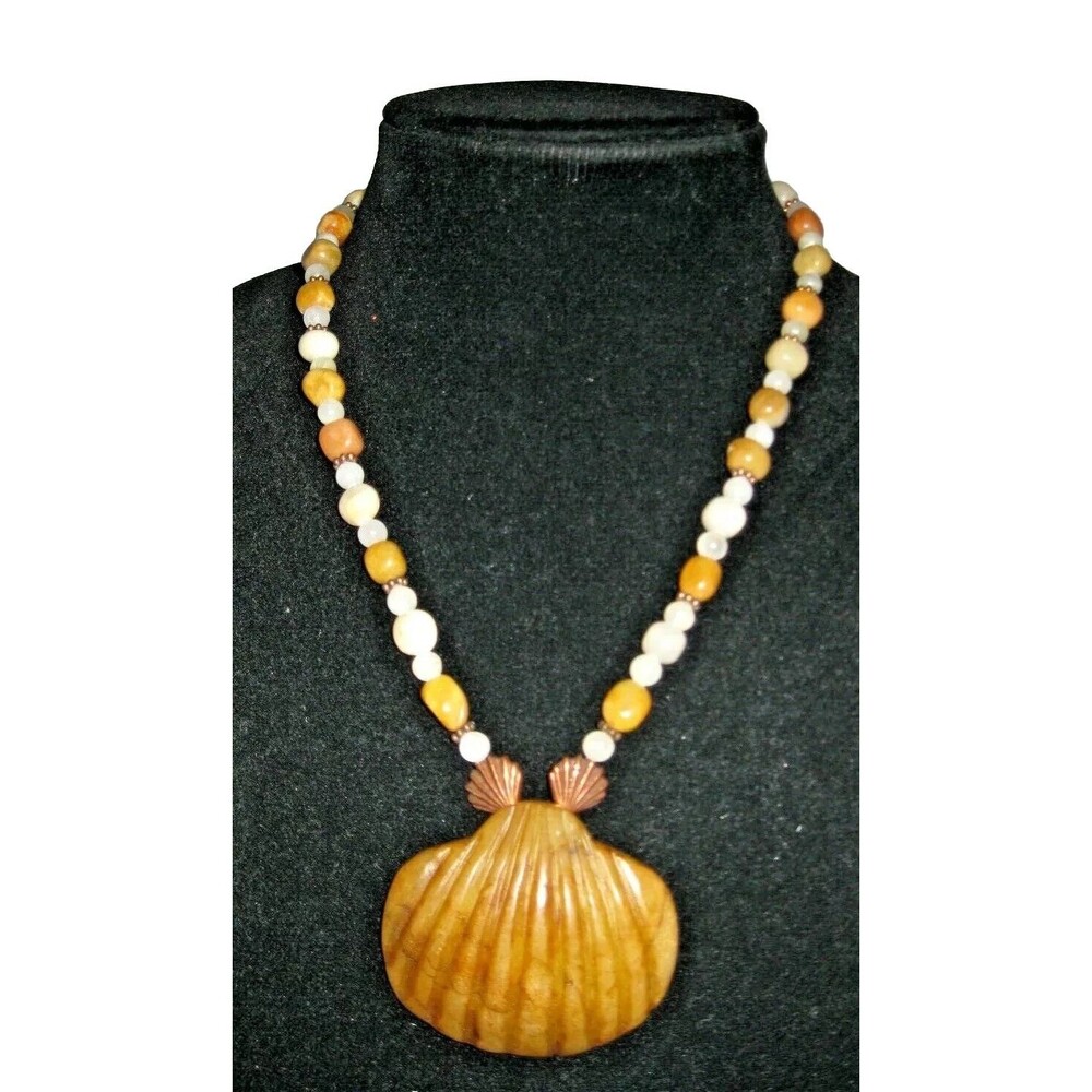 OOAK Necklace Brown Tan Beige Stone Shell Shaped Pendant Beaded Handmade